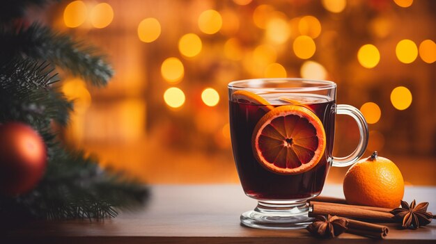 写真 薄い茶色の背景のクリスマスの飲み物のグラスカップ ⁇ グルメワインとオレンジ