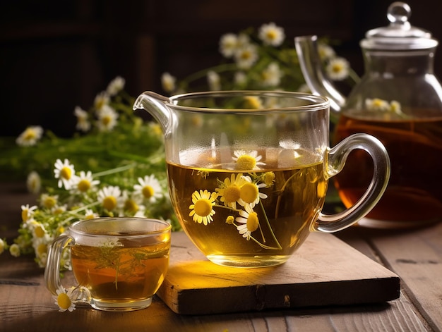 glass cup with natural organic herbal tea with chamomile flowers generated ai