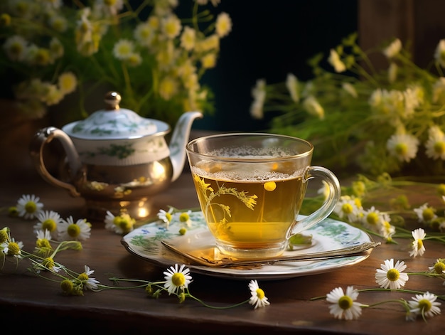 glass cup with natural organic herbal tea with chamomile flowers generated ai