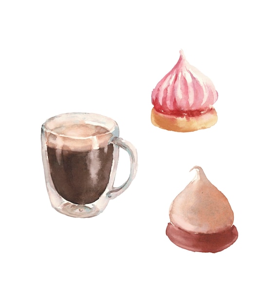 Glass cup with strong coffee with two meringues watercolor illustration