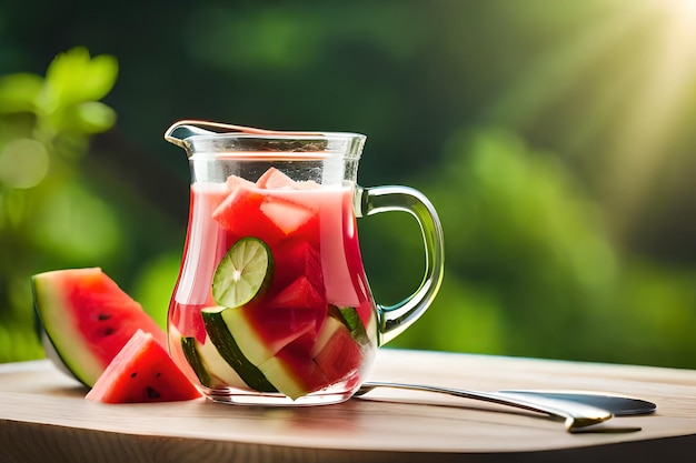 A glass cup with watermelon and watermelon on it