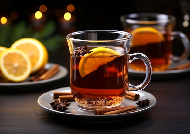 A glass cups of hot tea with lemon on the dark table