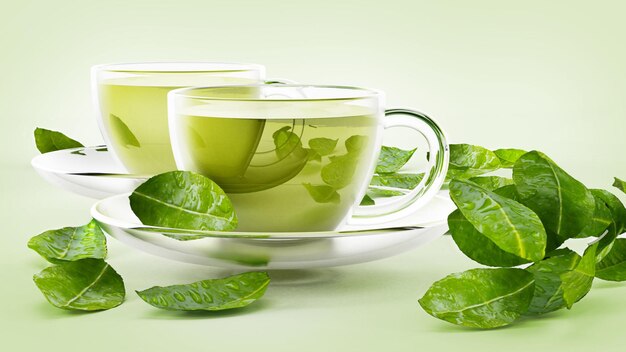 Glass cups with green tea and tea leaves isolated on white