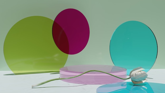 유리 실린더 연단, 제품 디스플레이 스탠드 색상 녹색, 파란색 및 분홍색.