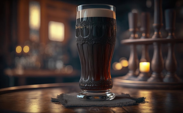 Photo a glass of dark beer on a bar counter. pub background. ai generated