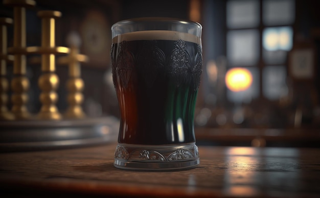 Photo a glass of dark beer on a bar counter. pub background. ai generated