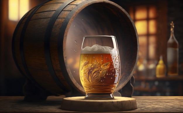 A glass of dark beer on a bar counter with a barrel in the background. Pub background. ai generated