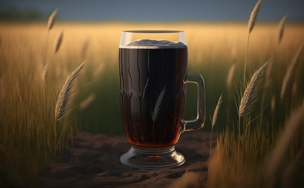 A glass of dark beer on a table in a wheat field. ai generated