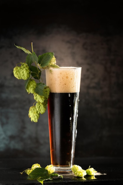 Glass of dark beer with hops around on a dark background