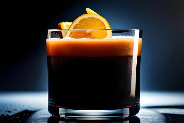 a glass of dark brown liquid with orange slices on the top.