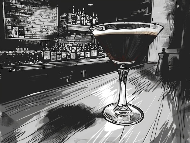 Photo a glass of dark liquid sits on a bar counter