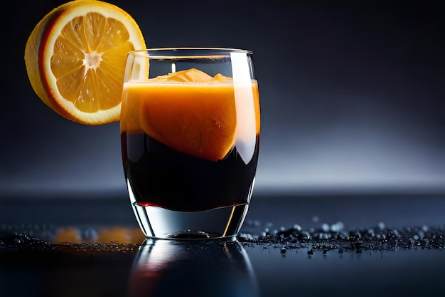 a glass of dark liquid with orange slices on the table