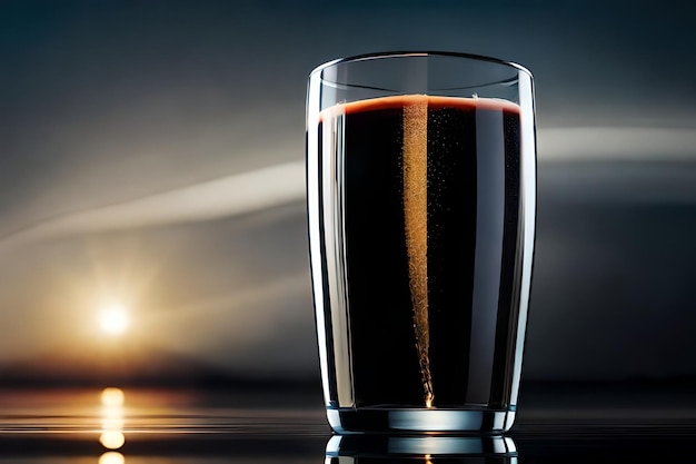 a glass of dark liquid with the sun behind it.