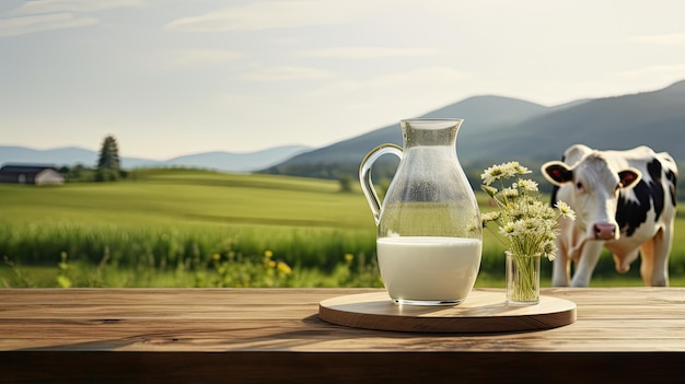 a glass and a decanter on a dark wooden tabletop with a scenic landscape of cows in a meadow in the backgroundthe concept of healthy eating in a rustic style leaving space for design elements