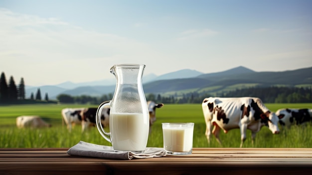 a glass and a decanter on a dark wooden tabletop with a scenic landscape of cows in a meadow in the backgroundthe concept of healthy eating in a rustic style leaving space for design elements