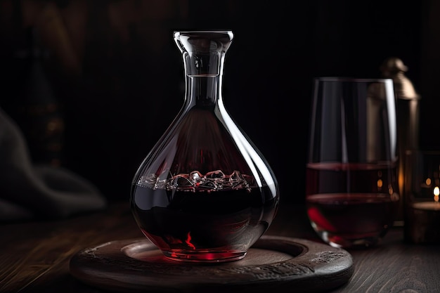 Glass decanter filled with deep red wine ready to be enjoyed