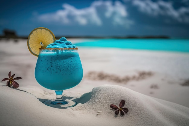 A glass of delicious blue cocktail Blue Lagoon and yellow lemons on the background of the sea ocean ai generative