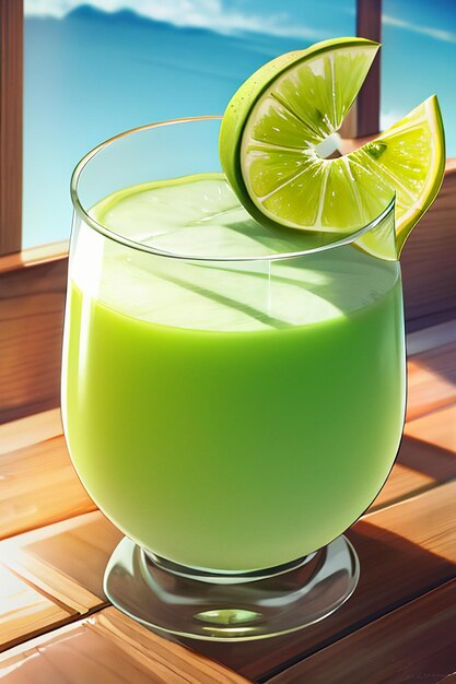 A glass of delicious green kiwi fruit drink on the kitchen table