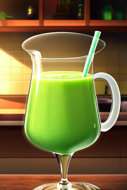 A glass of delicious green kiwi fruit drink on the kitchen table