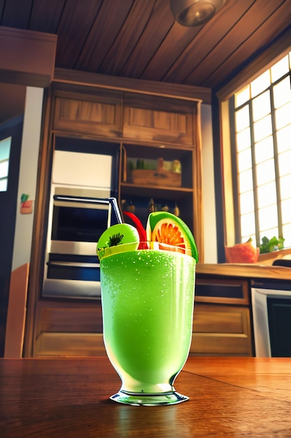 A glass of delicious green kiwi fruit drink on the kitchen table