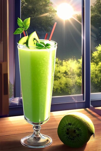 На кухонном столе стакан вкусного зеленого фруктового напитка.