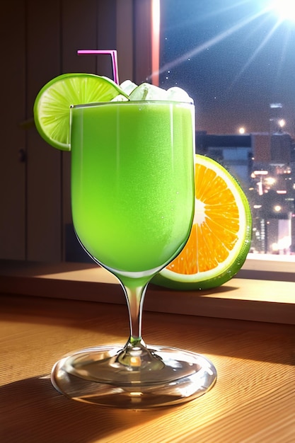 A glass of delicious green kiwi fruit drink on the kitchen table