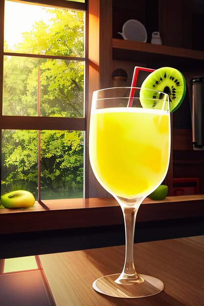 A glass of delicious green kiwi fruit drink on the kitchen table