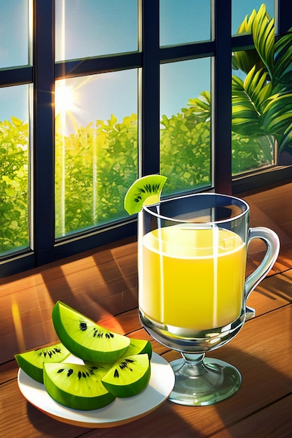 A glass of delicious green kiwi fruit drink on the kitchen table