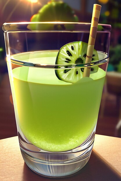 A glass of delicious green kiwi fruit drink on the kitchen table