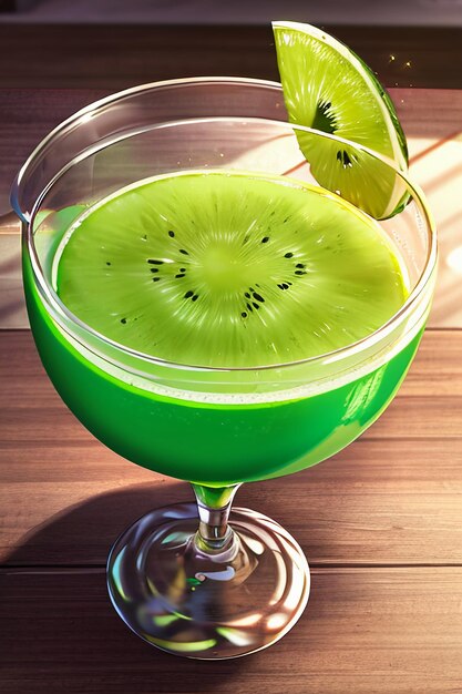 A glass of delicious green kiwi fruit drink on the kitchen table