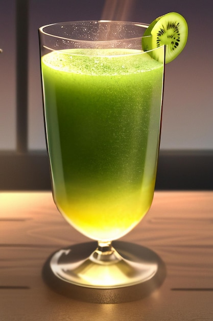 A glass of delicious green kiwi fruit drink on the kitchen table