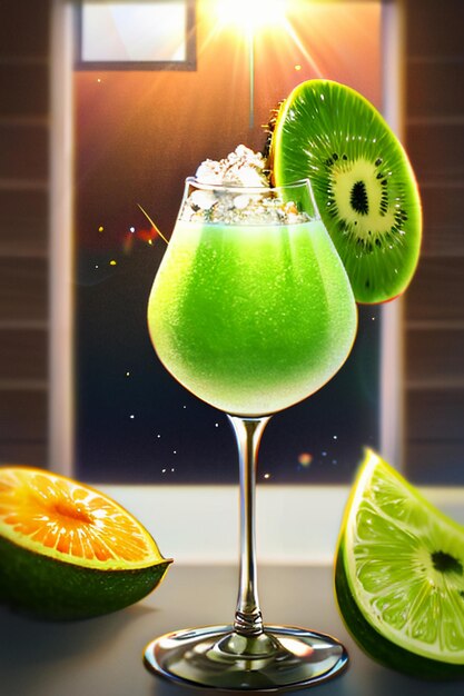 A glass of delicious green kiwi fruit drink on the kitchen table