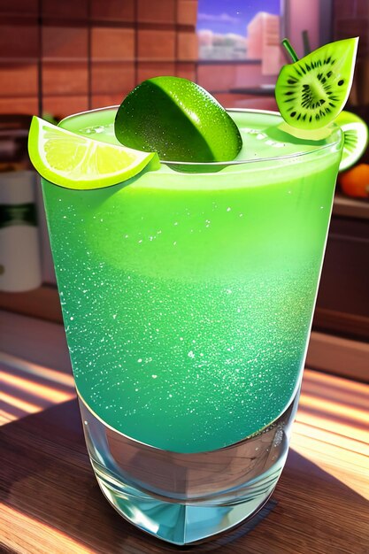 A glass of delicious green kiwi fruit drink on the kitchen table