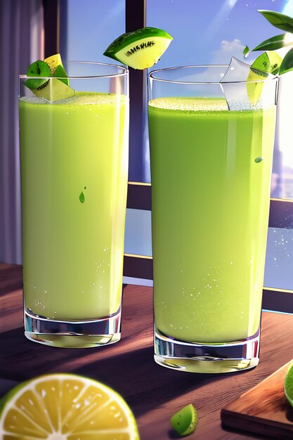 A glass of delicious green kiwi fruit drink on the kitchen table