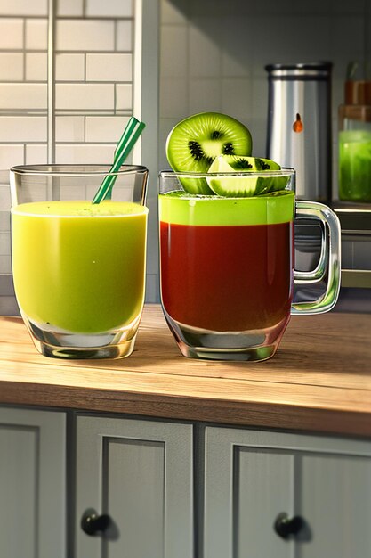 A glass of delicious green kiwi fruit drink on the kitchen table