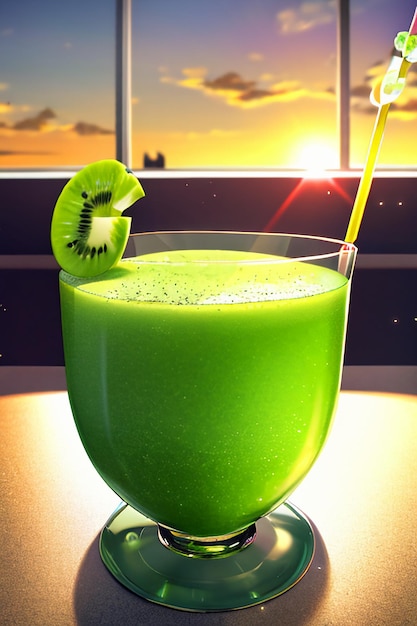 A glass of delicious green kiwi fruit drink on the kitchen table