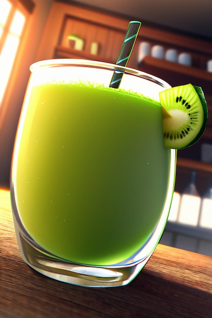 A glass of delicious green kiwi fruit drink on the kitchen table