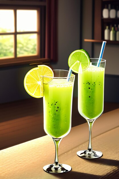 A glass of delicious green kiwi fruit drink on the kitchen table