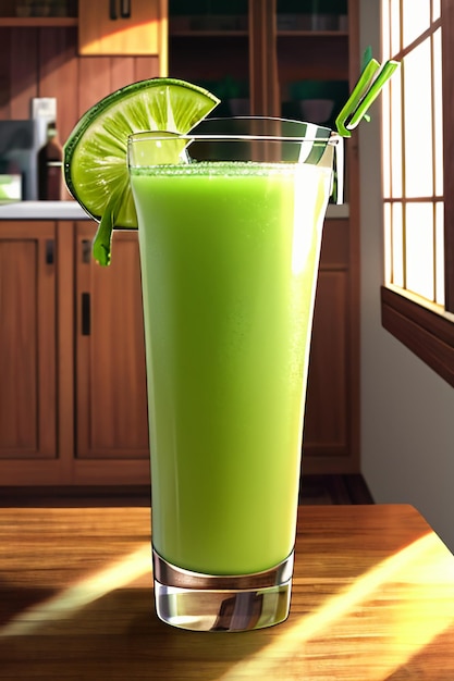 A glass of delicious green kiwi fruit drink on the kitchen table