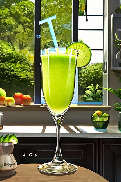 A glass of delicious green kiwi fruit drink on the kitchen table