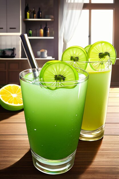 A glass of delicious green kiwi fruit drink on the kitchen table