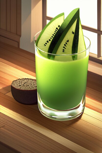 A glass of delicious green kiwi fruit drink on the kitchen table