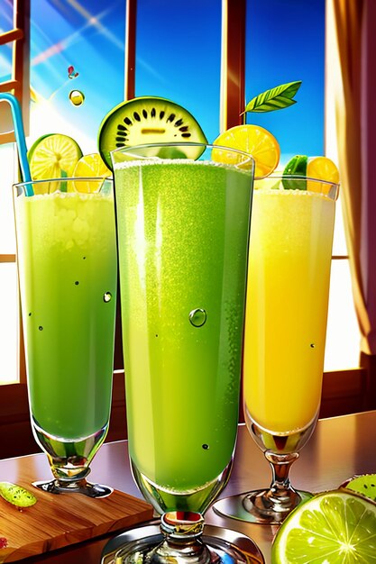 A glass of delicious green kiwi fruit drink on the kitchen table