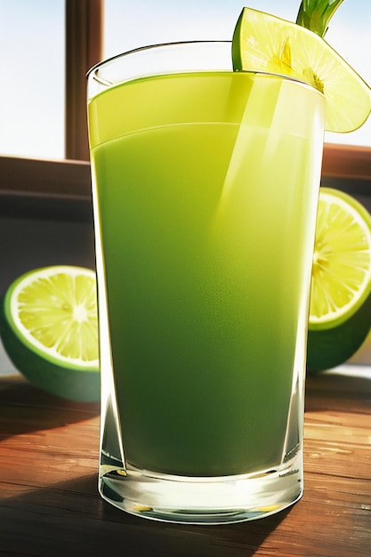 A glass of delicious green kiwi fruit drink on the kitchen table