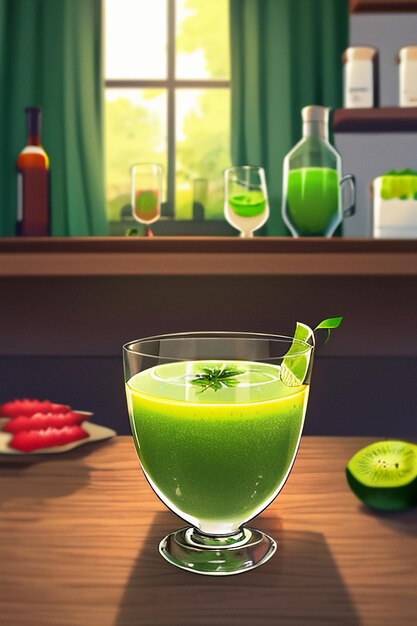 キッチンテーブルの上にある美味しい緑のキウイフルーツの飲み物のグラス