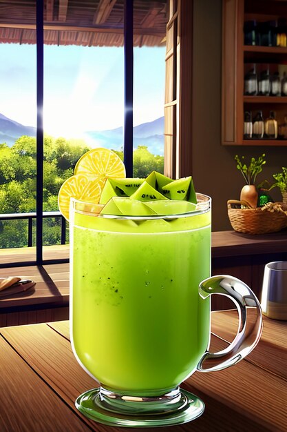 A glass of delicious green kiwi fruit drink on the kitchen table