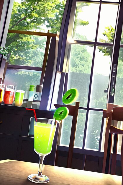 A glass of delicious green kiwi fruit drink on the kitchen table