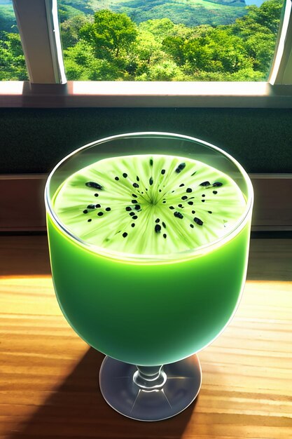 A glass of delicious green kiwi fruit drink on the kitchen table