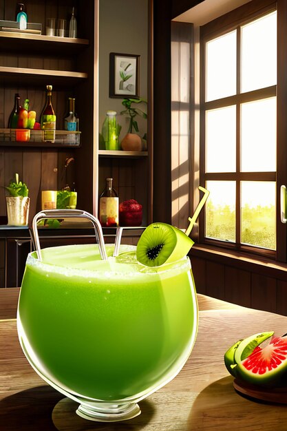 A glass of delicious green kiwi fruit drink on the kitchen table