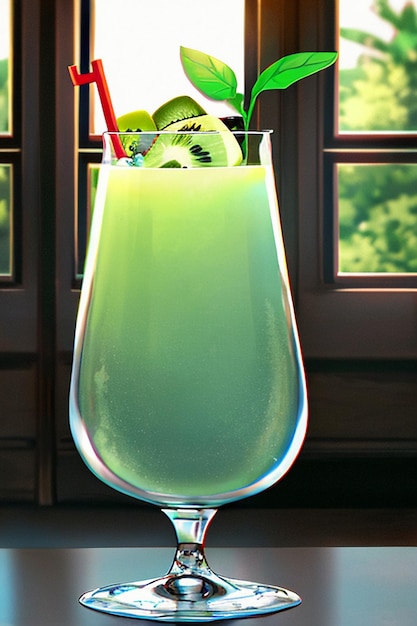 A glass of delicious green kiwi fruit drink on the kitchen table